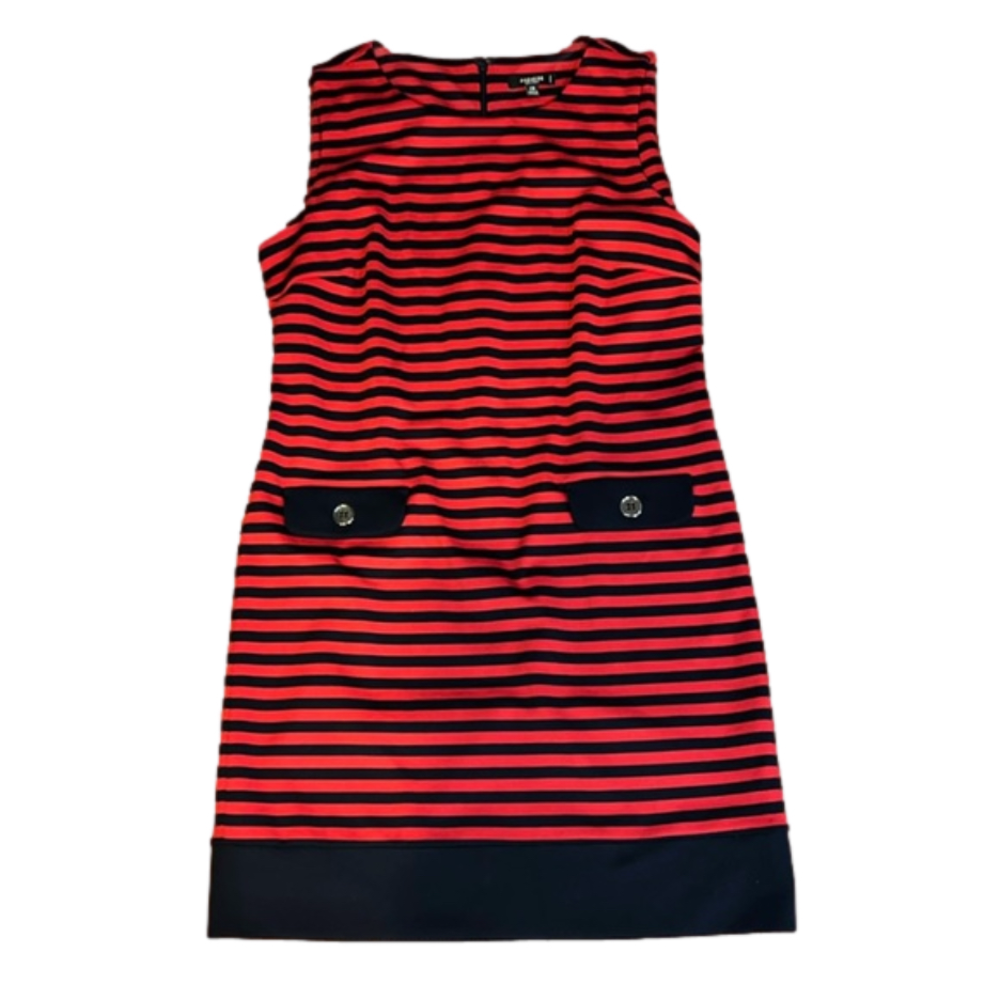 size PM Navy and red striped premise dresses tank top dress with button details